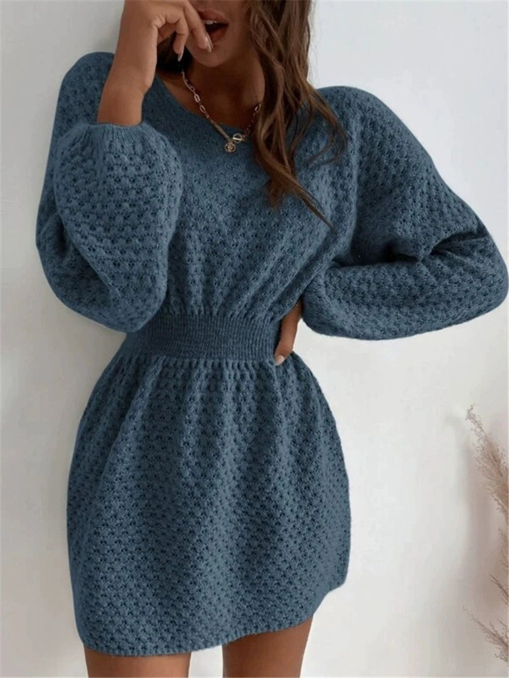 Zara Loose Round Neck Knit Sweater Dress with Cinched Waist